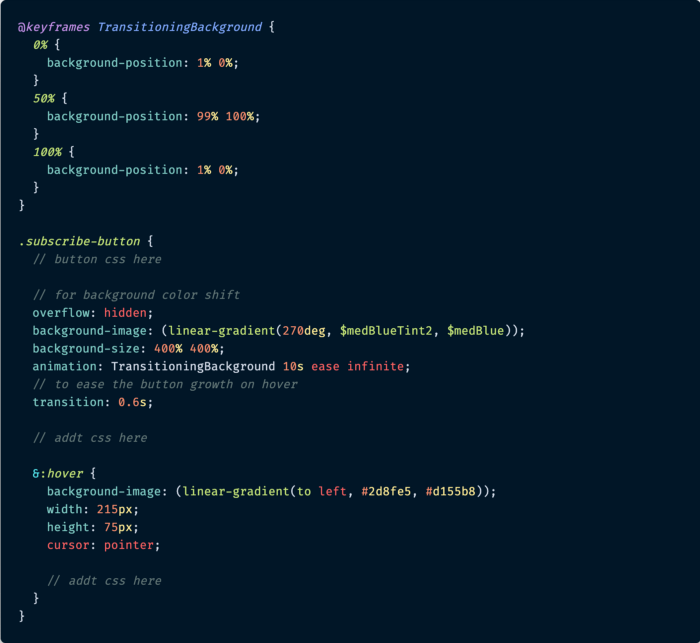 کد CSS گرادینت پس زمینه برای دکمه و متحرک سازی آن با کمک انیمیشن keyframes.