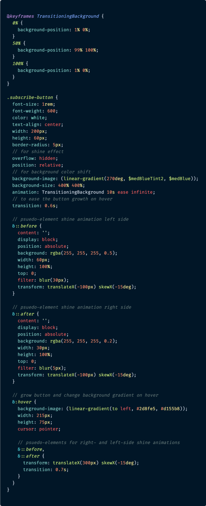 CSS کامل دکمه - متشکل از طراحی ظاهر اولیه، گرادینتهای پس زمینه و جلوه درخشان.