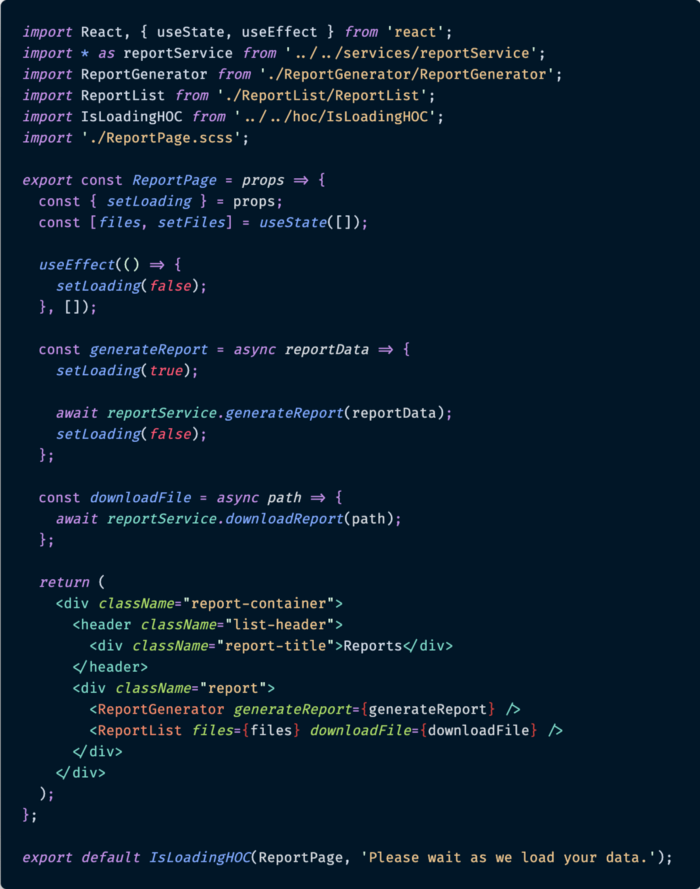 کامپوننت ReportPage با IsLoadingHOC ترکیب شده است تا انیمیشن لودینگ را به آن بدهد
